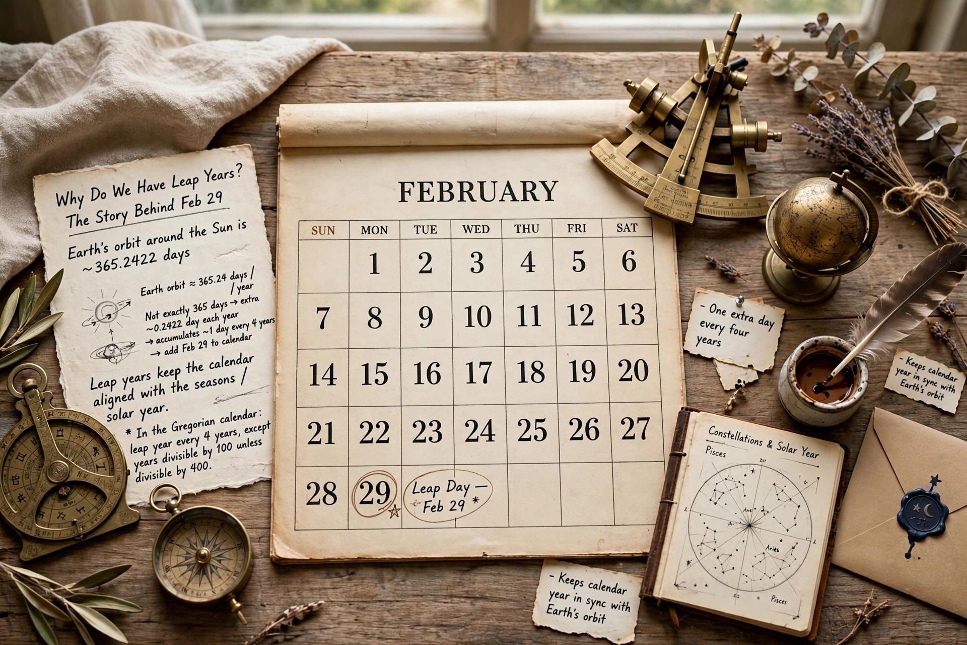 Antique calendar pages and astronomical instruments on a desk