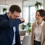 Why Do We Say Bless You When Someone Sneezes? Person sneezing into their elbow in an office setting while a coworker reacts