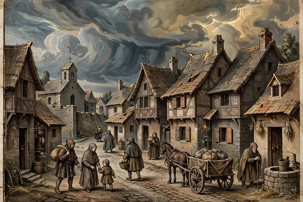 Medieval-style illustration of a European town during plague era with people in historical clothing