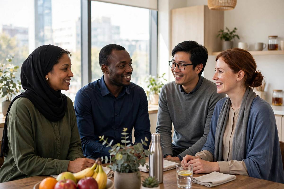 Diverse group of coworkers in an office, one person smiling after saying bless you