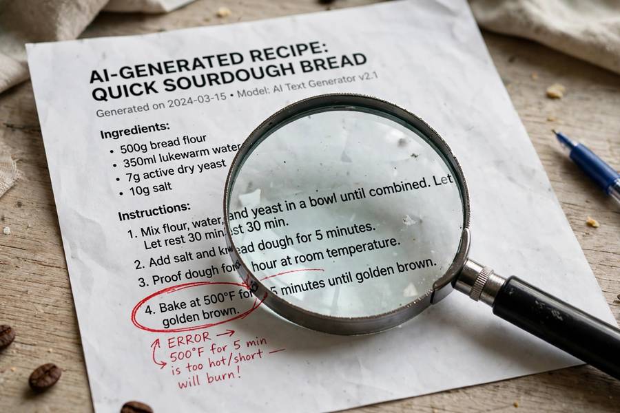 A magnifying glass revealing an error in AI-generated text