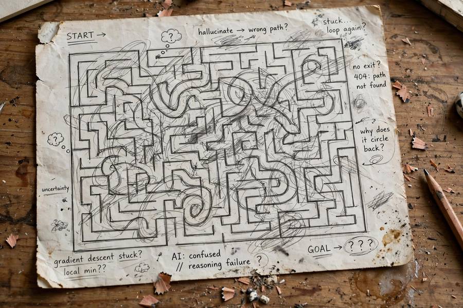 A maze puzzle representing AI getting lost in reasoning