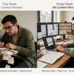 Why Does Context Window Matter? The Practical Stakes A person at a tiny desk versus a huge desk representing context window size difference
