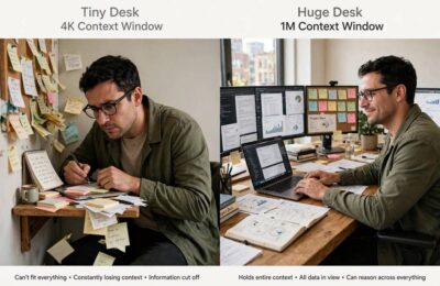 A person at a tiny desk versus a huge desk representing context window size difference