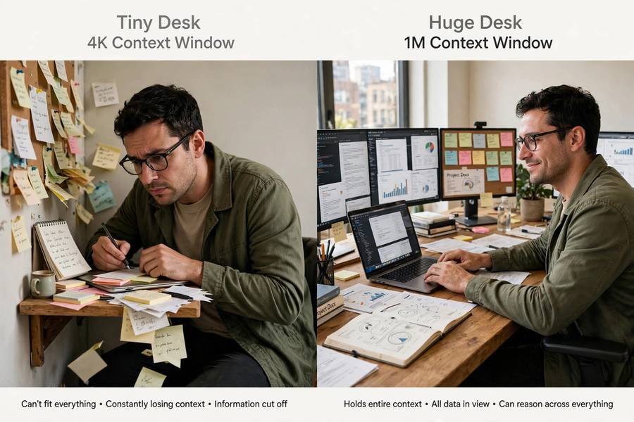 A person at a tiny desk versus a huge desk representing context window size difference