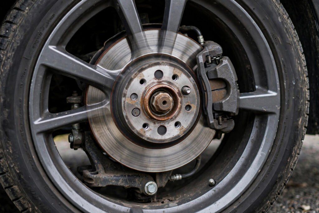 Car brake system showing rotor and pads on a vehicle wheel