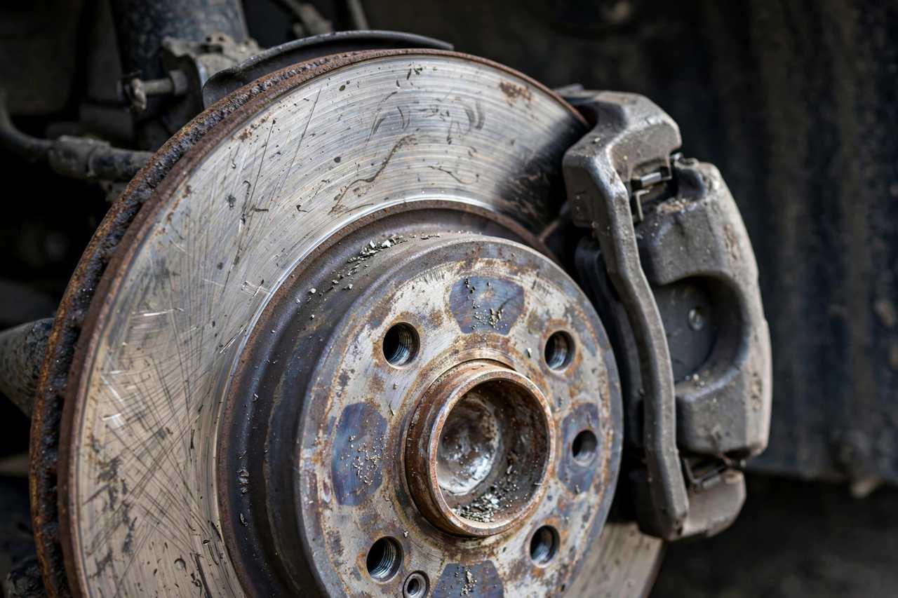 Close-up of a car brake disc and caliper with visible wear on the rotor surface