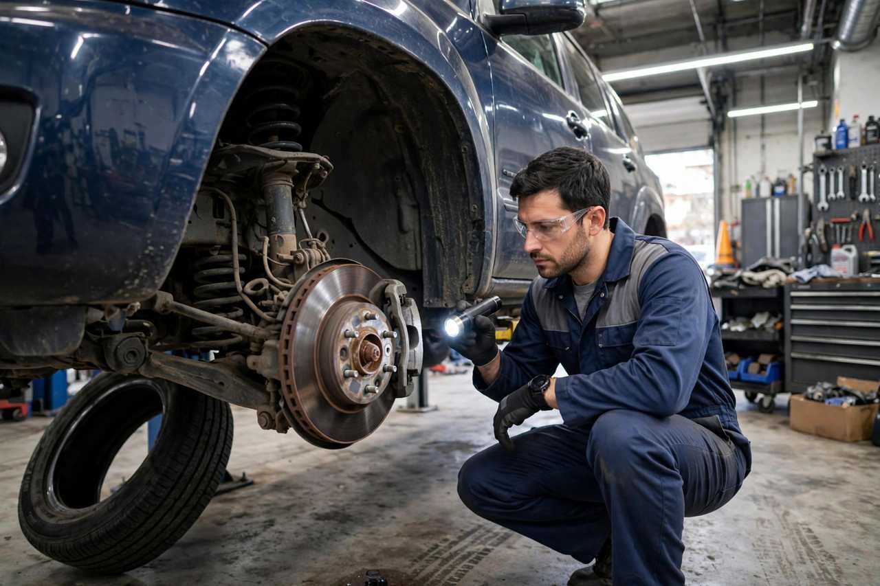 Mechanic inspecting car tires and brake components on a lifted vehicle
