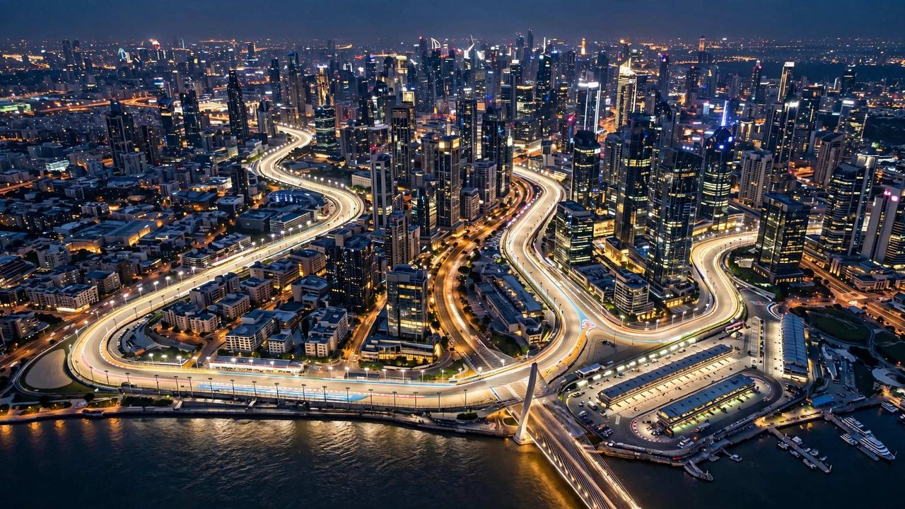 aerial view of a floodlit street circuit winding through a modern city skyline at night