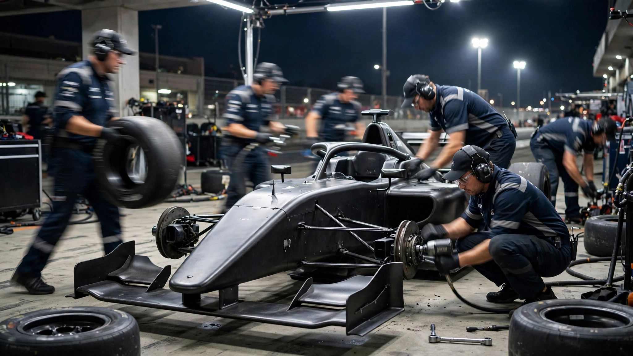 Formula 1 pit crew working on a car under bright lights during a night race