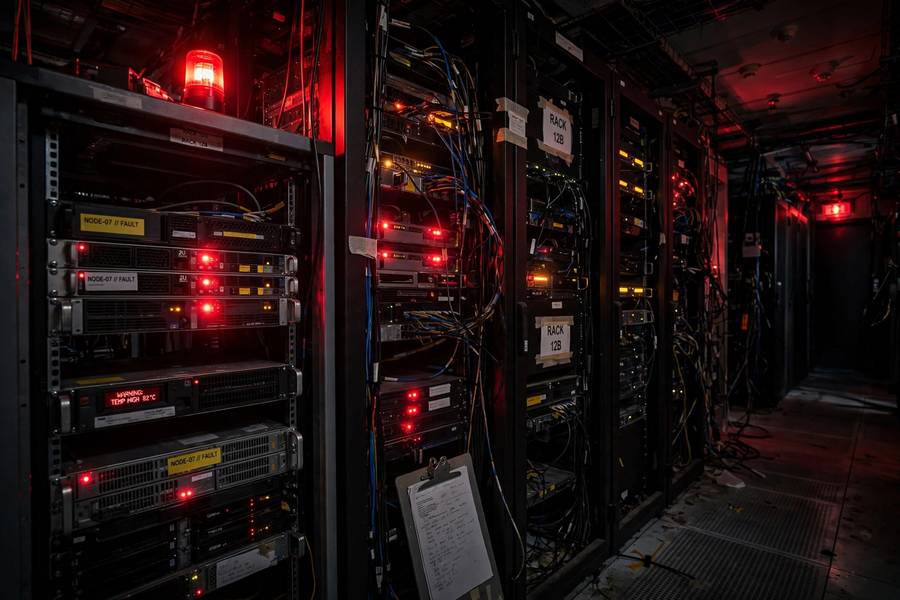 Server racks with warning lights in a data center