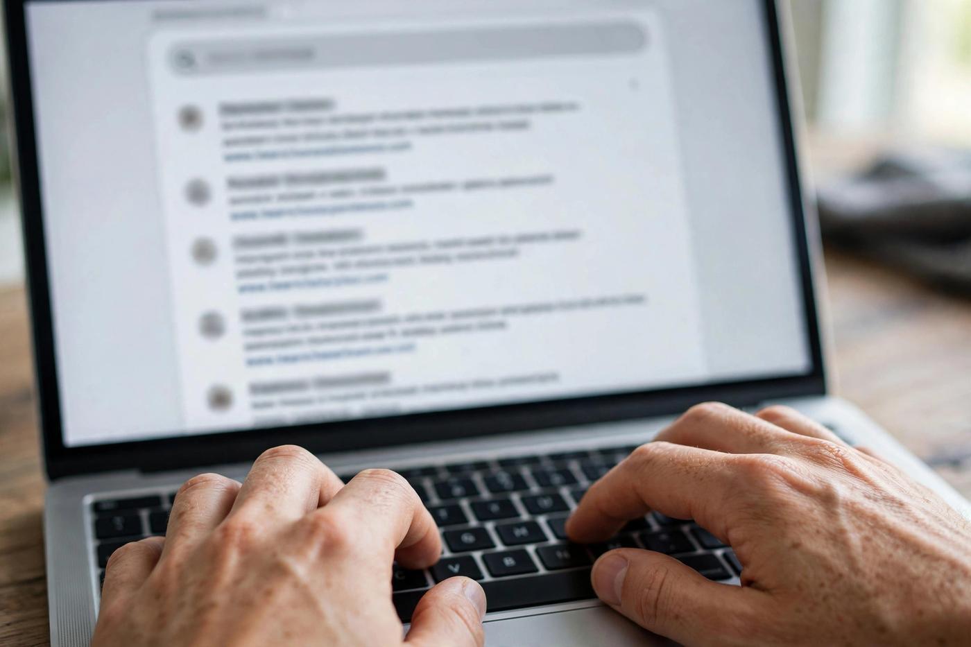 Close-up of hands typing on a laptop with search engine results visible on the screen
