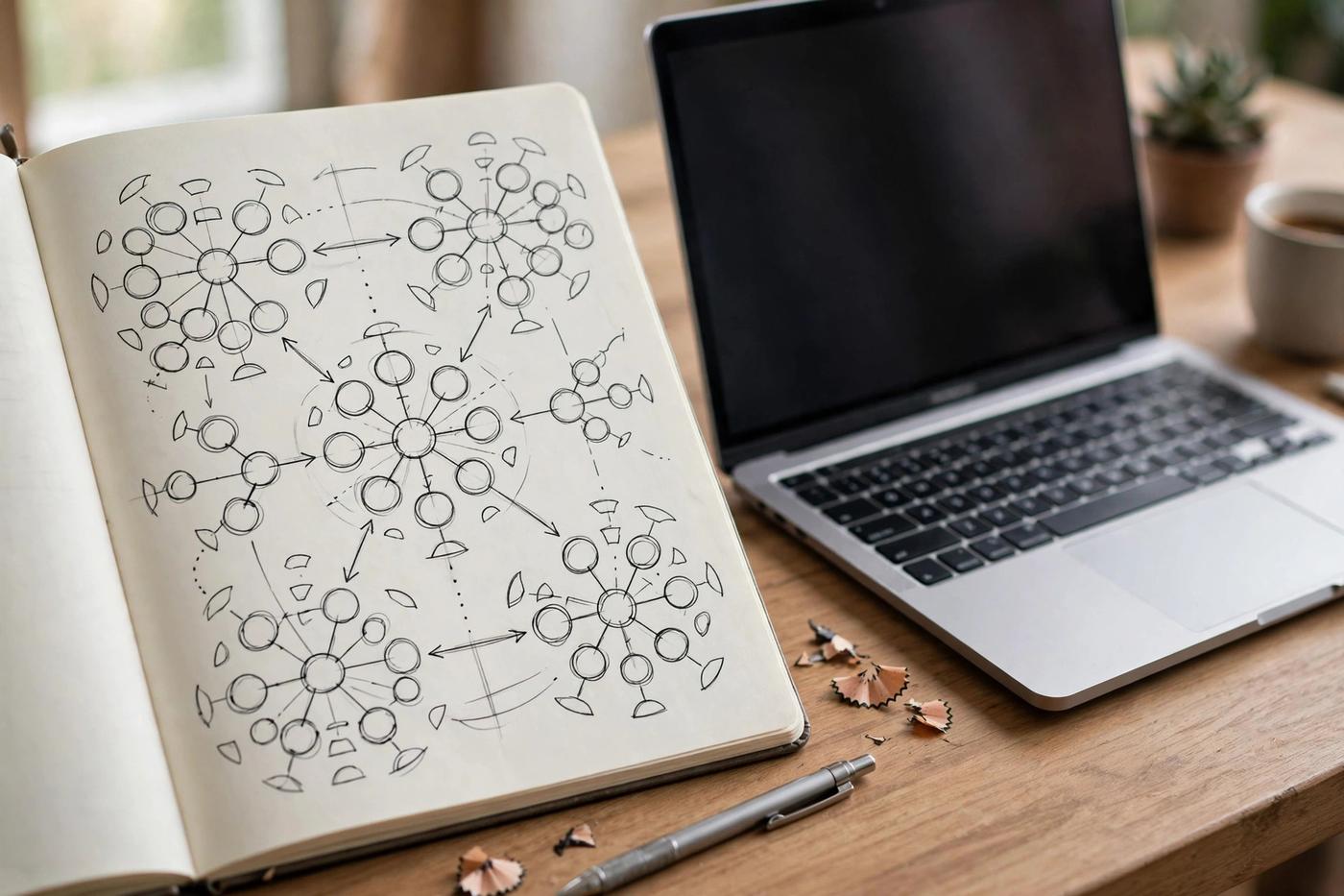 Notebook with a content plan and keyword clusters sketched out beside a laptop