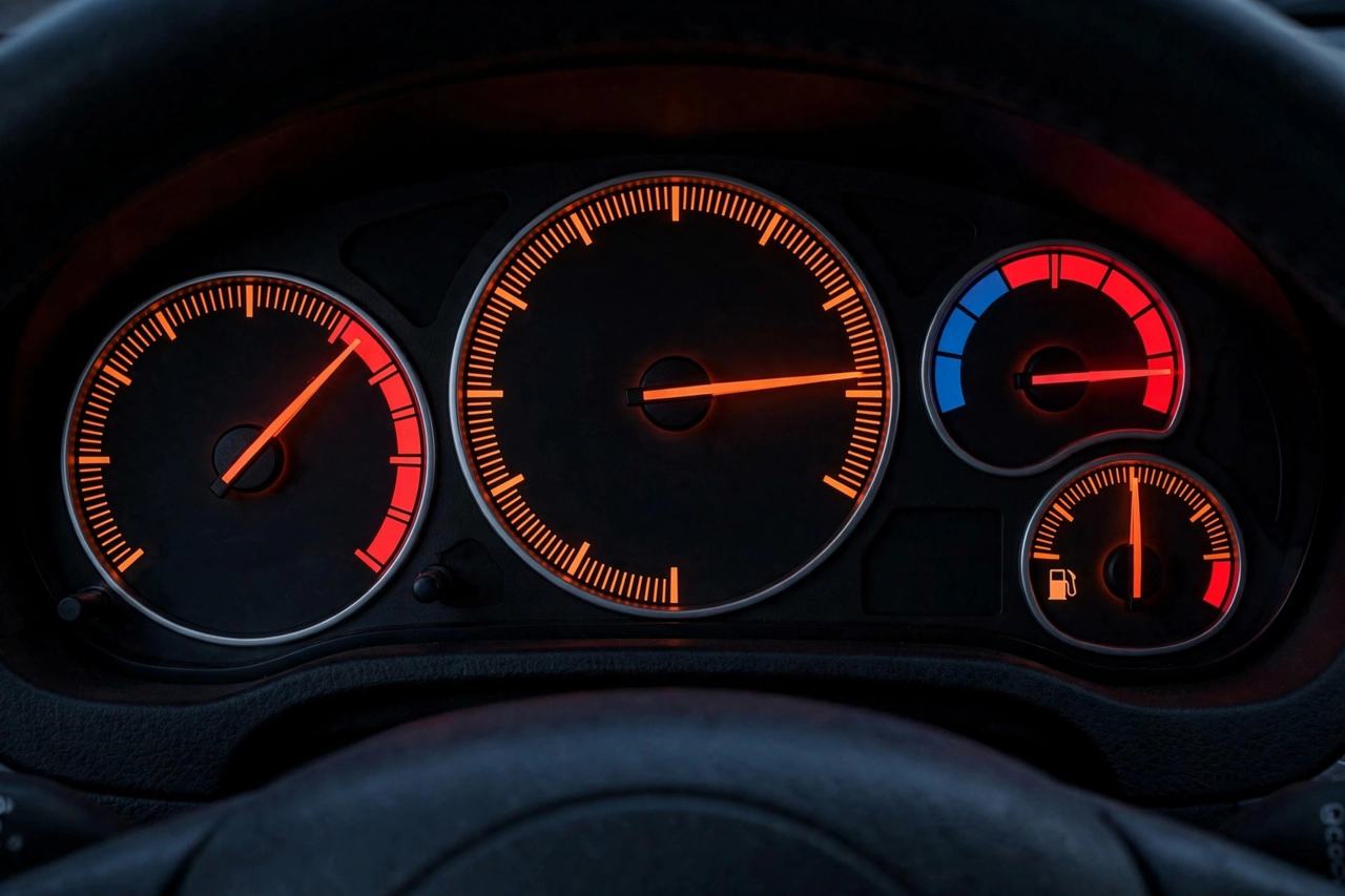 Car temperature gauge showing overheating in the red zone on dashboard