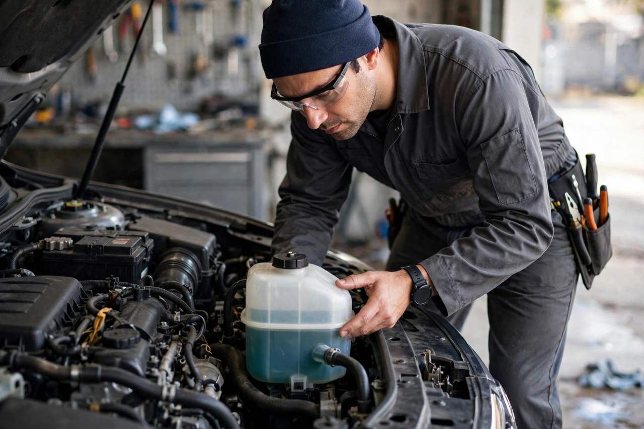 Mechanic checking engine coolant level in the overflow reservoir