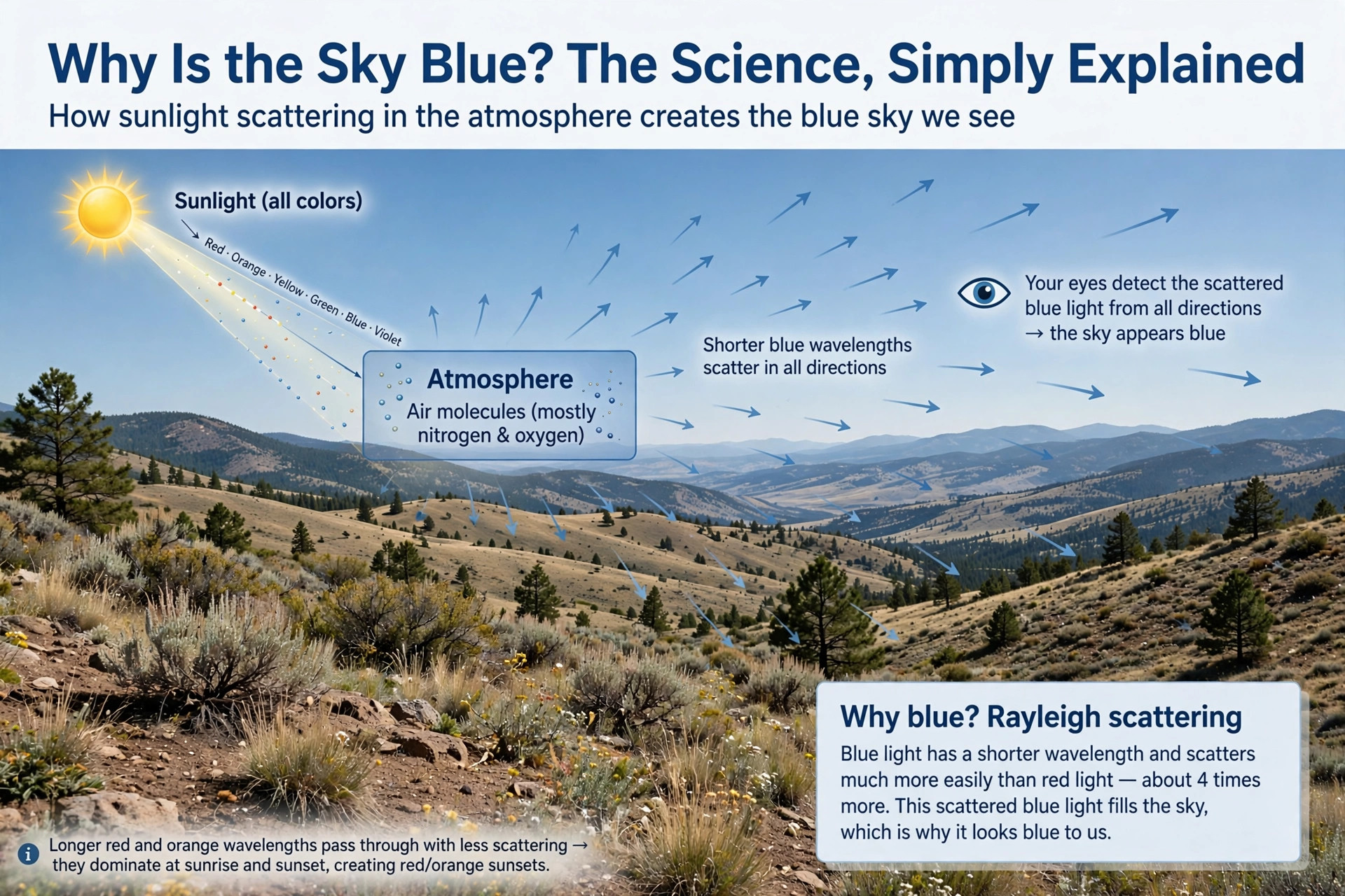 Diagram-style illustration of sunlight scattering through the atmosphere