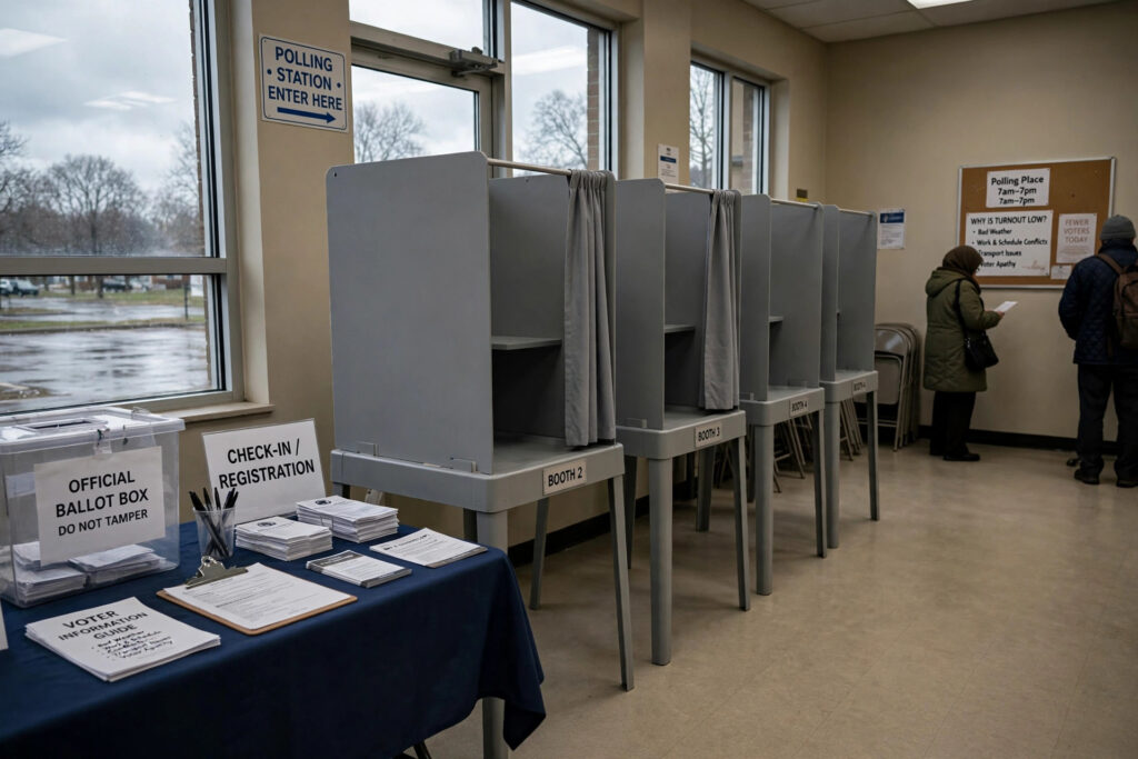 Nearly empty polling station with voting booths and few voters