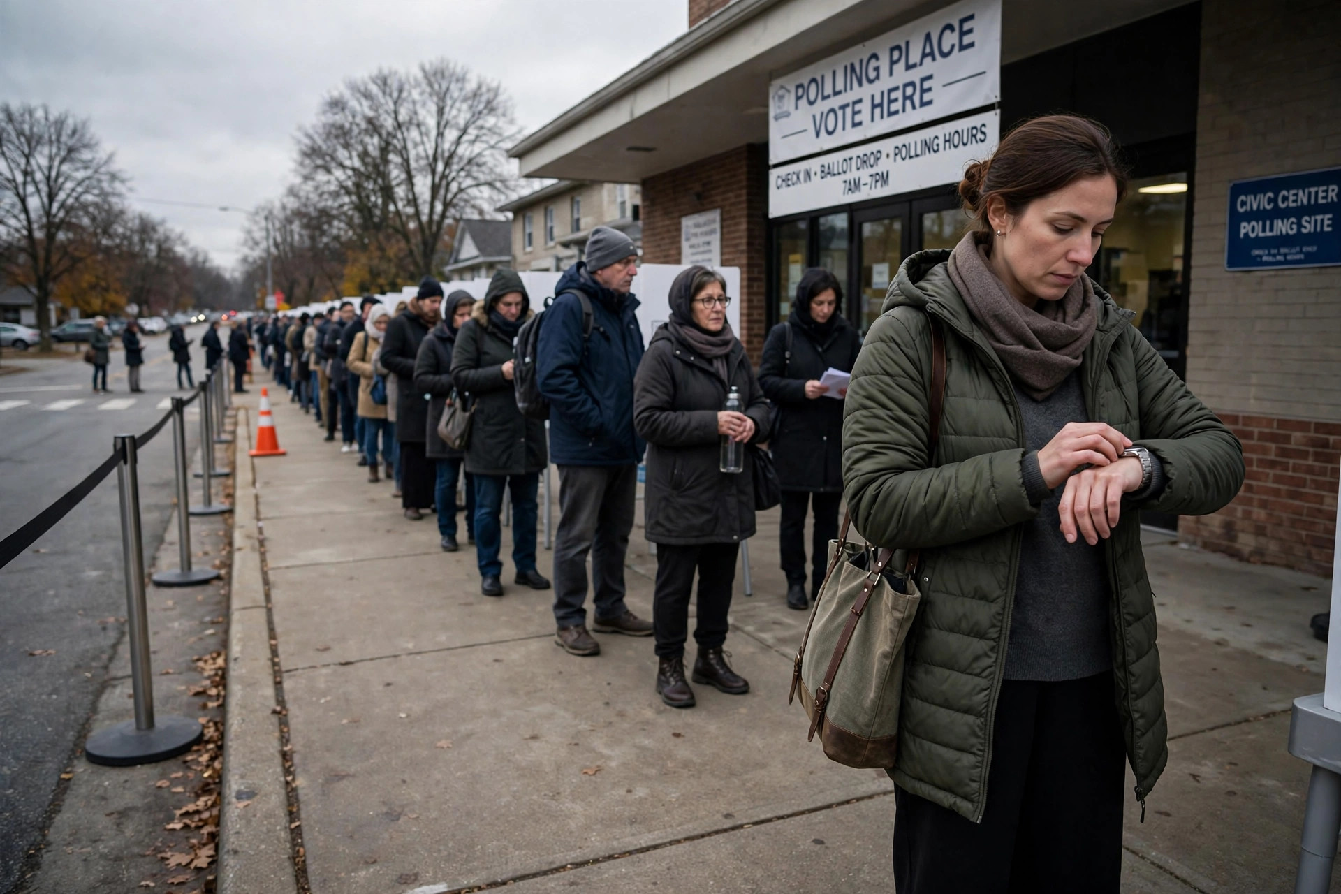 Person checking the time while standing in a long voting line