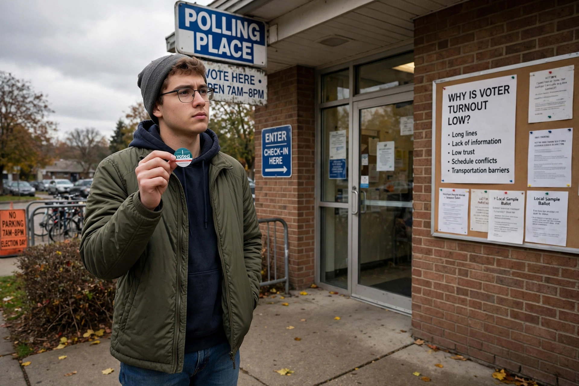 Young first-time voter holding an I voted sticker outside a polling place