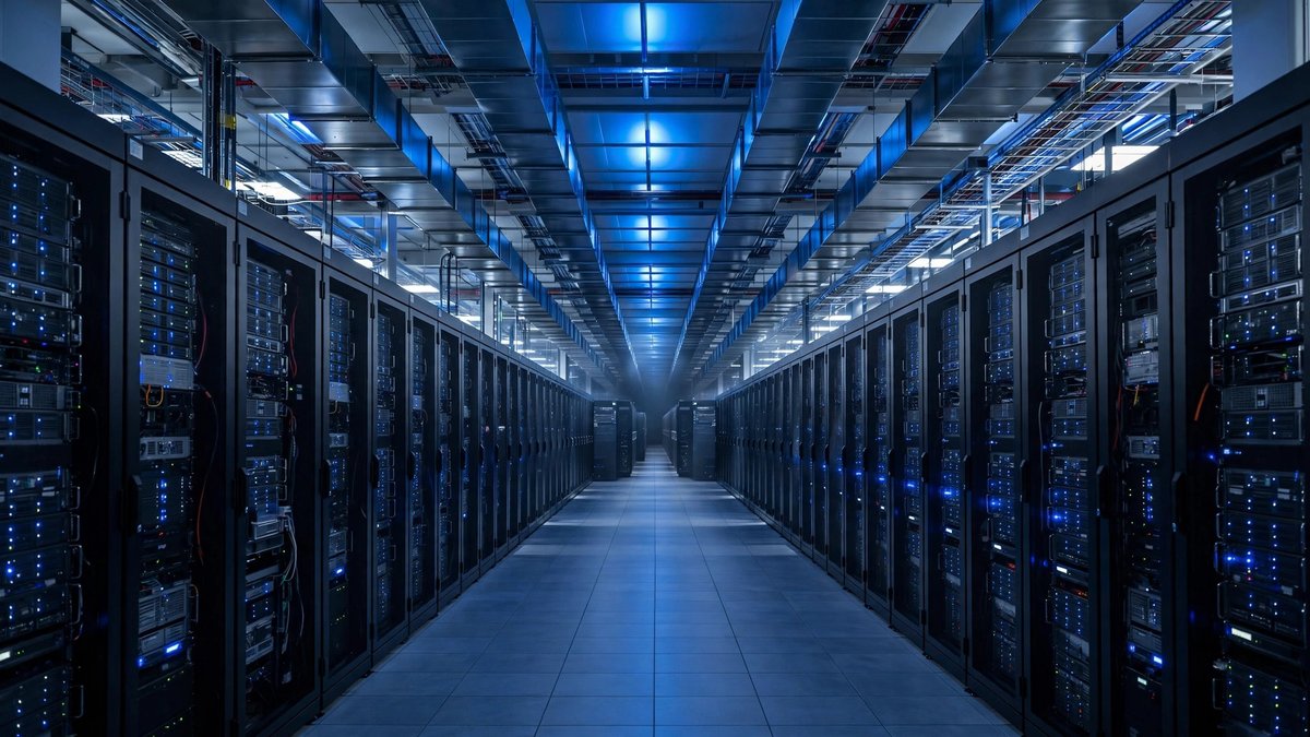 Data center hall with rows of servers representing large-scale AI infrastructure