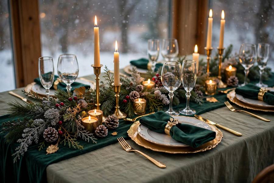 Winter wedding table with emerald and gold