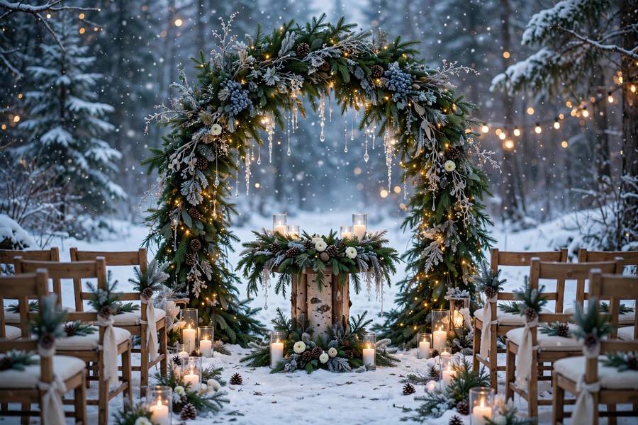 Winter wedding ceremony decor with evergreens