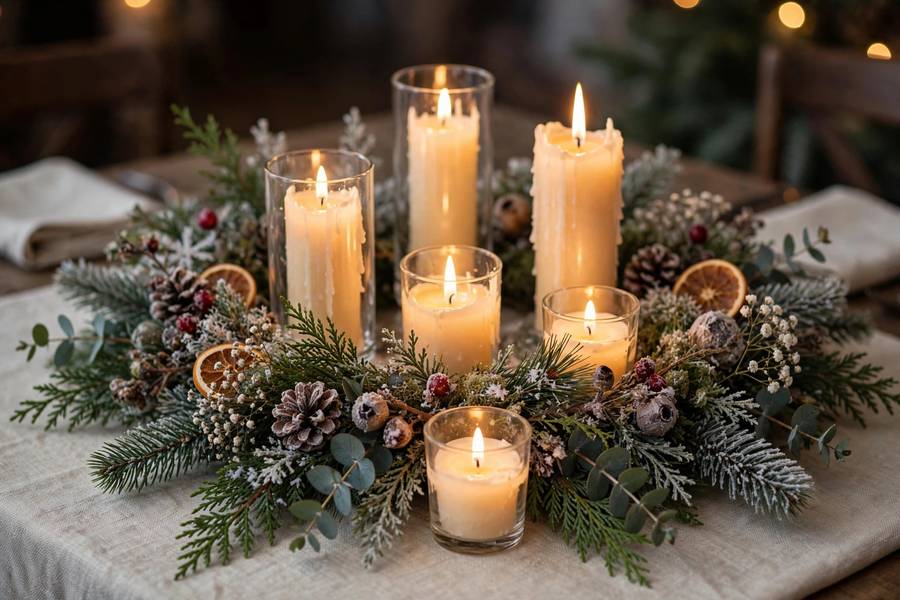 Winter wedding reception centerpiece with candles