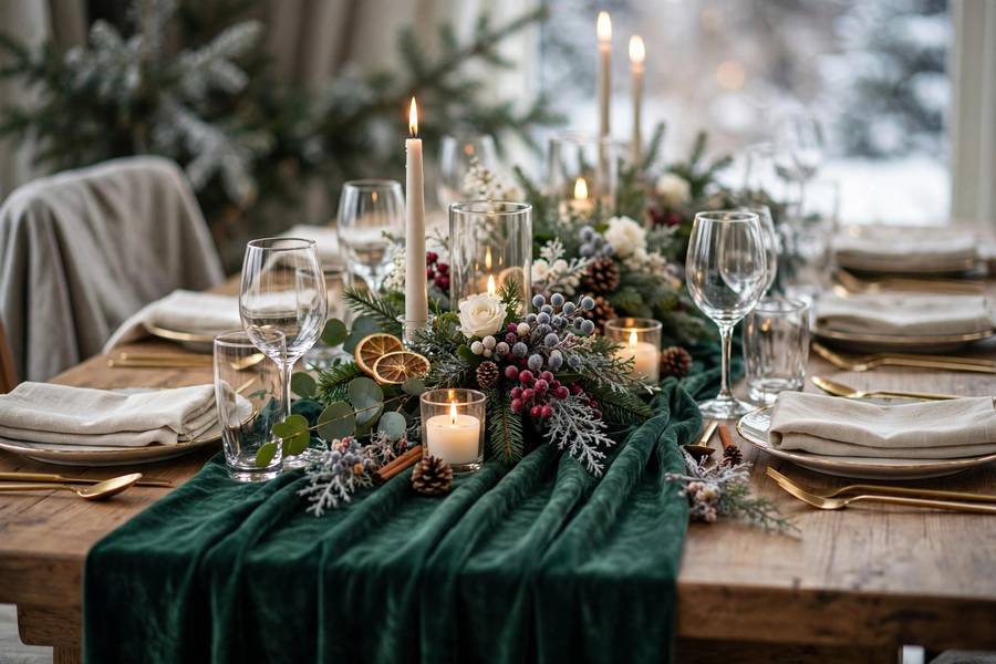 Winter wedding table setting with velvet