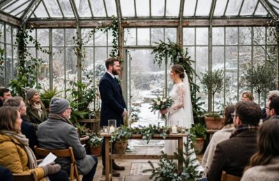 A conservatory winter wedding with snow falling outside — magical winter wedding ideas for cold-weather celebrations