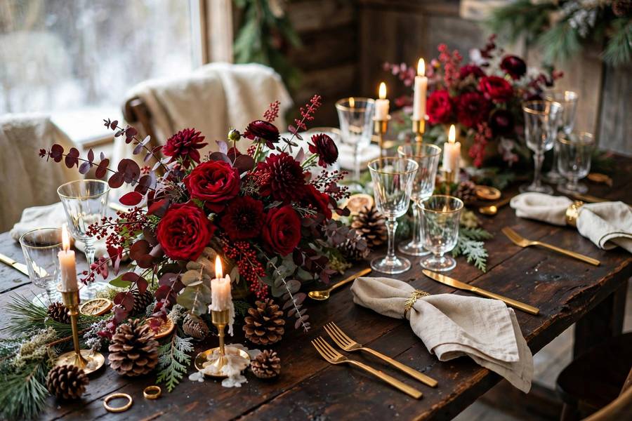 A winter wedding reception table with candles and deep red florals — cozy winter wedding ideas for décor