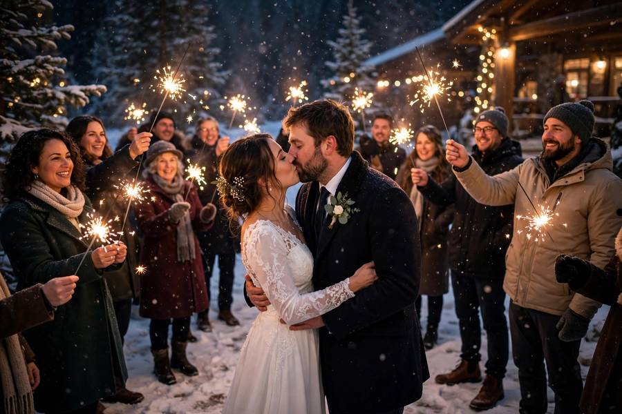 A sparkler send-off on a snowy night — unforgettable winter wedding ideas for the finale