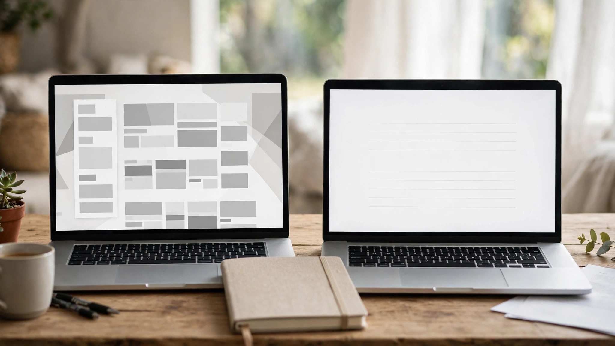 Laptop showing a blog editor with a notebook beside it comparing two blogging platforms