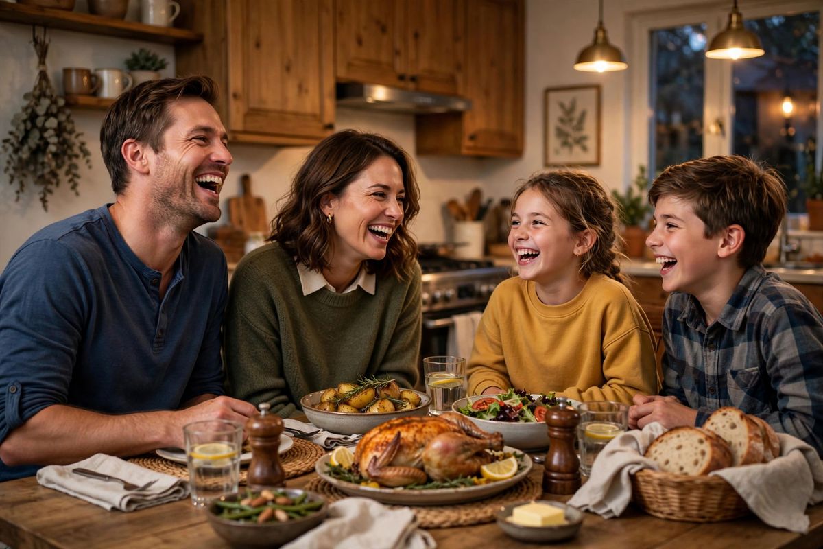 Family sharing dinner together at the table with no phones in sight