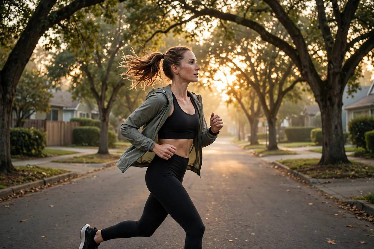 Woman jogging on a quiet street at sunrise before work