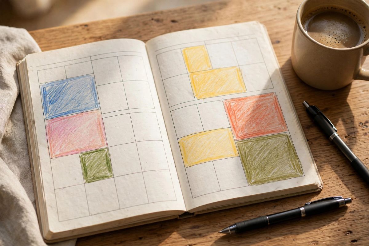 Weekly paper planner on a desk with color-coded time blocks, pen, and coffee