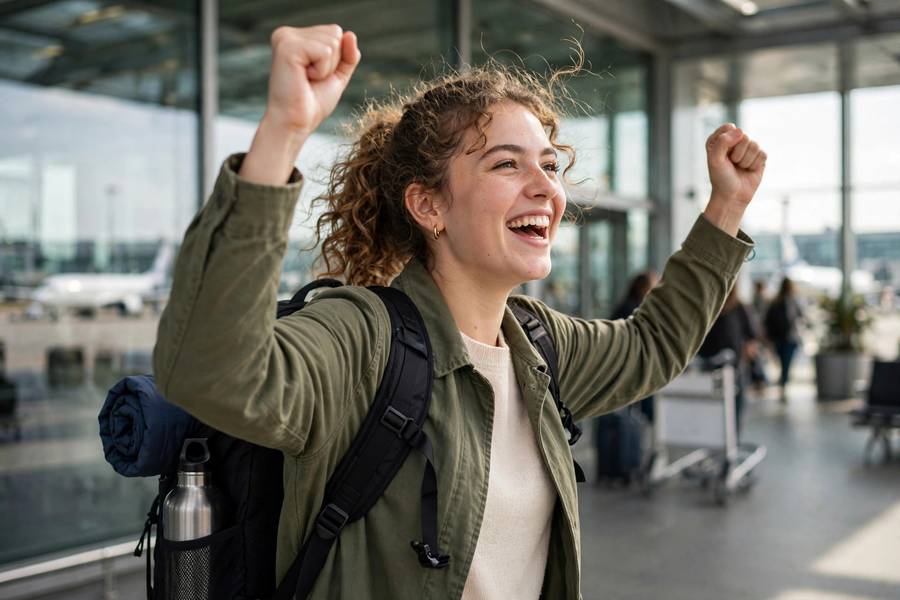 Young traveler celebrating with backpack at airport