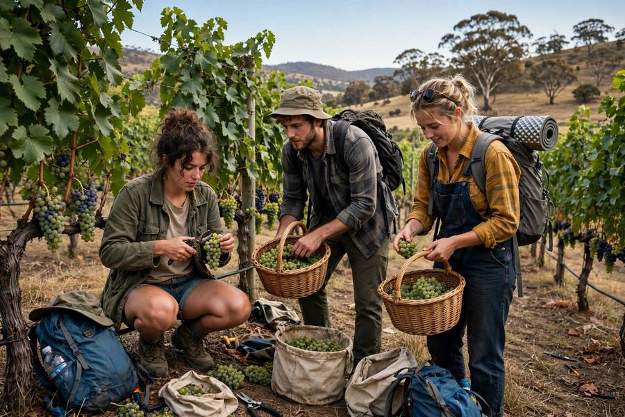 Backpackers working at vineyard harvest Australia