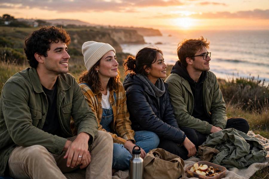 Friends watching sunset after working holiday year