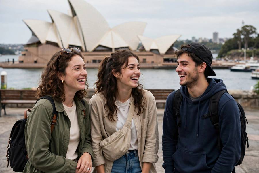 Young travelers in front of Sydney Opera House Australia