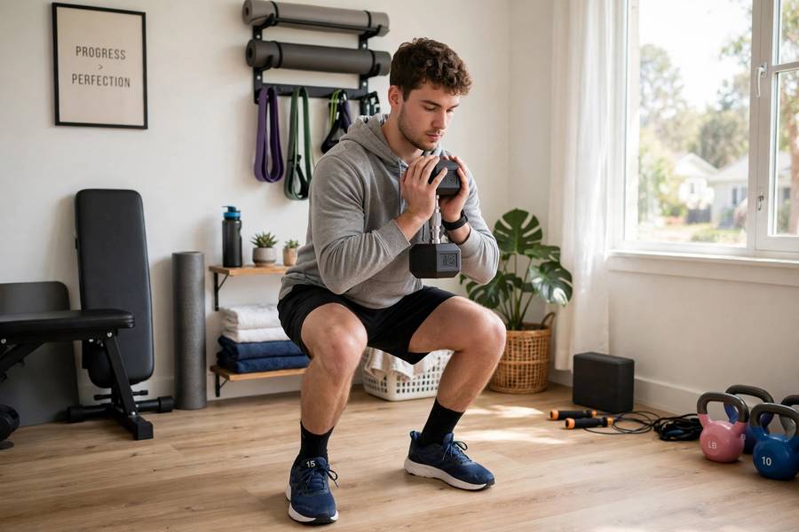 Beginner performing goblet squats as part of workout routines for beginners