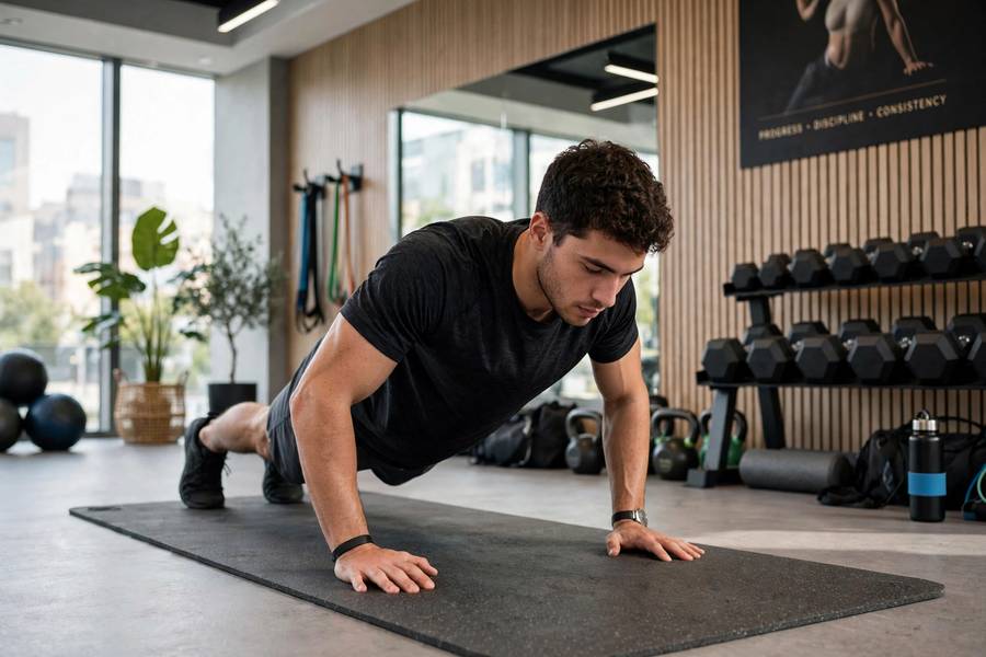 Push-ups on a mat in workout routines for beginners