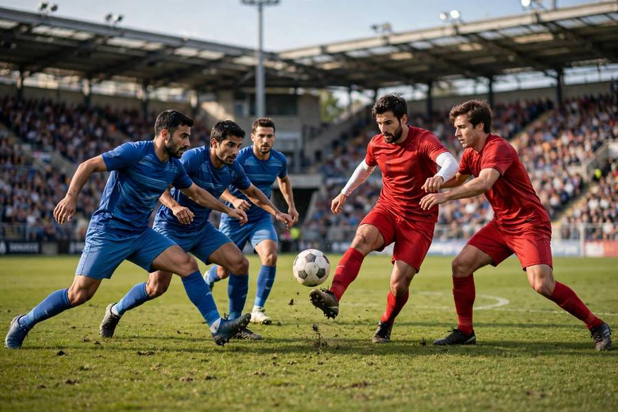 Group stage match with players battling for the ball
