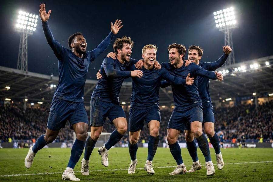 Knockout stage drama with players celebrating a late winner