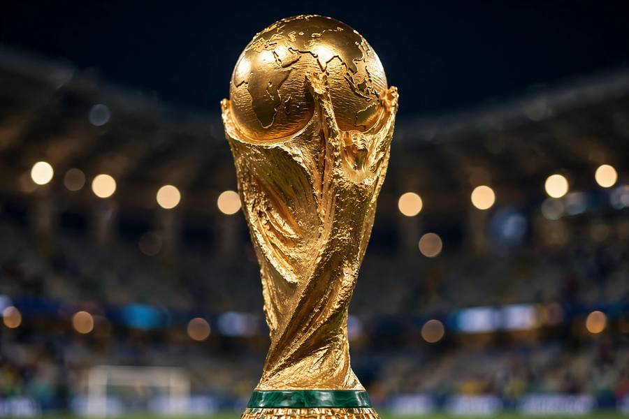World Cup trophy with stadium lights in the background