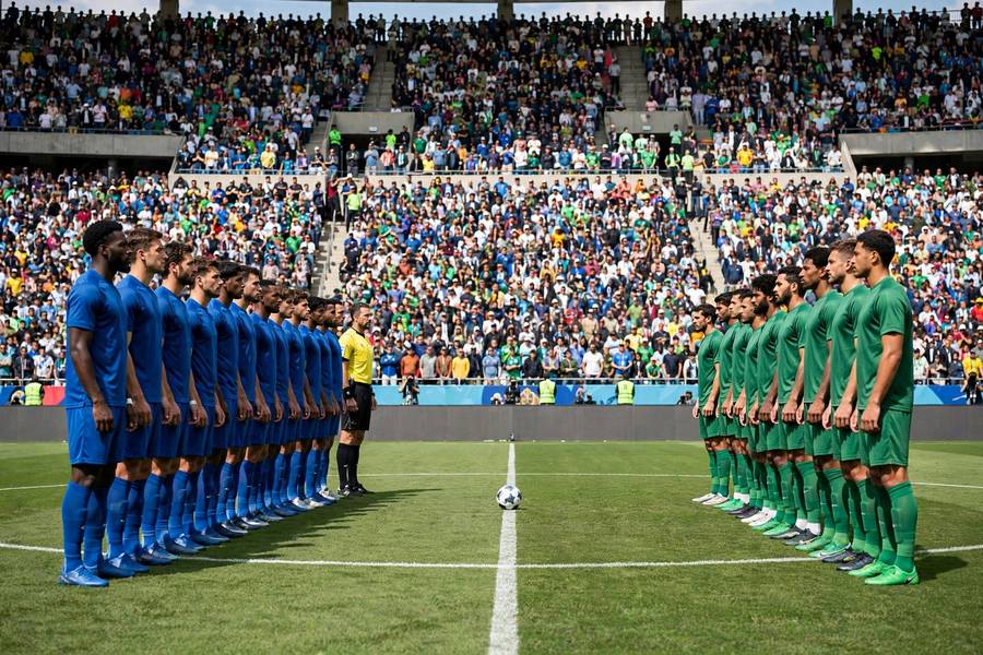 Football group stage match with teams lining up for kickoff