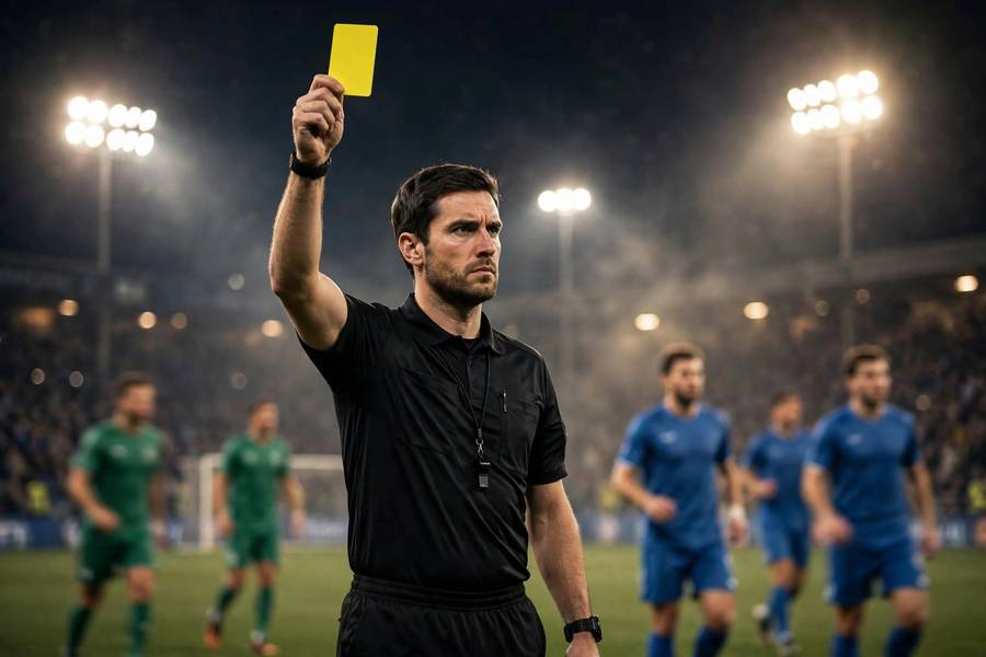 Referee showing a yellow card during a tense World Cup match