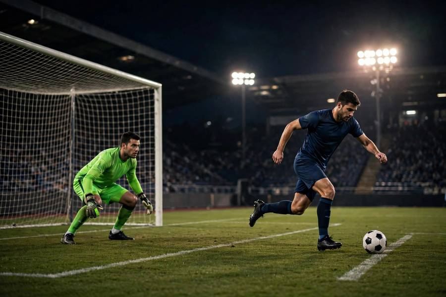 Penalty shootout tension with goalkeeper ready on the line