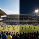 World Cup vs Champions League: What's the Real Difference? Split concept of national team match and club match under lights