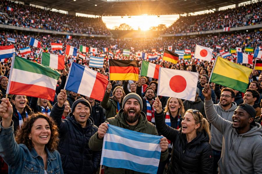 World Cup style celebration with national flags in the crowd