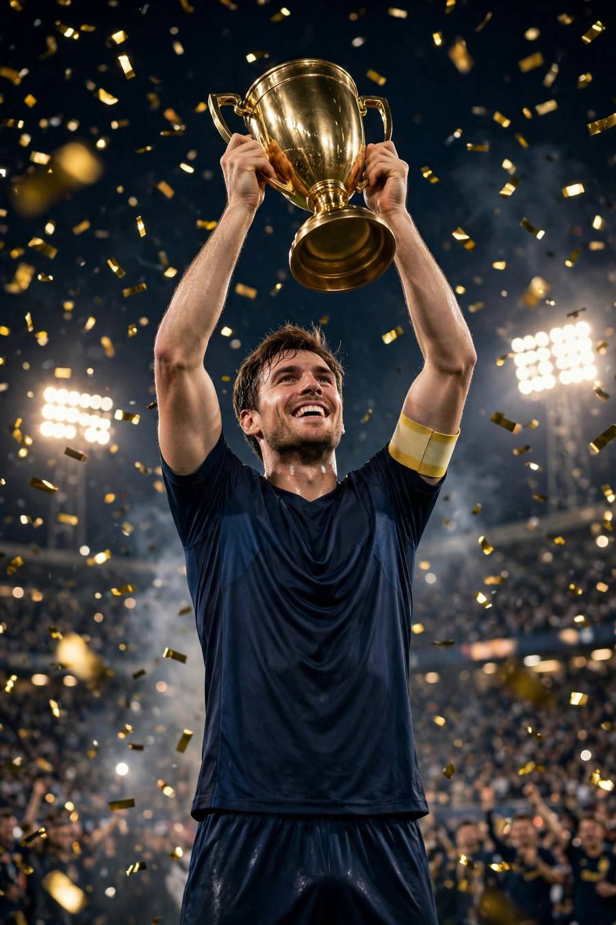 Footballer lifting a trophy amid confetti at a final